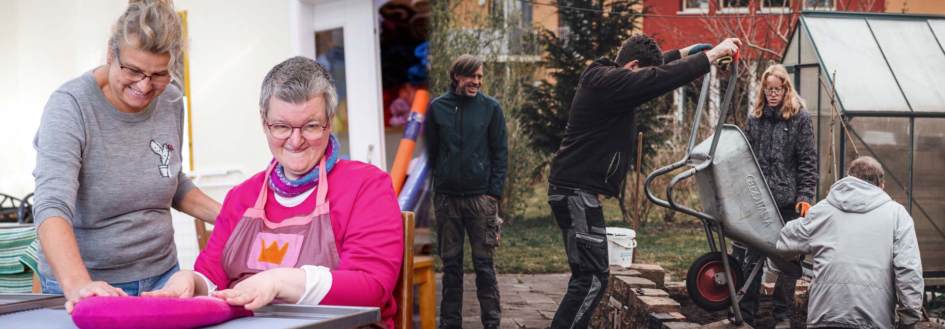 Zwei Fotos aus zwei Werkstätten in einer Montage zusammengefügt. Auf dem einen sieht man zwei Mitarbeiterinnen in einer TExtilwerkstatt mit Filz arbeiten auf dem zweiten Motiv sieht man vier Menschen draußen Gartenarbeit verrichten.